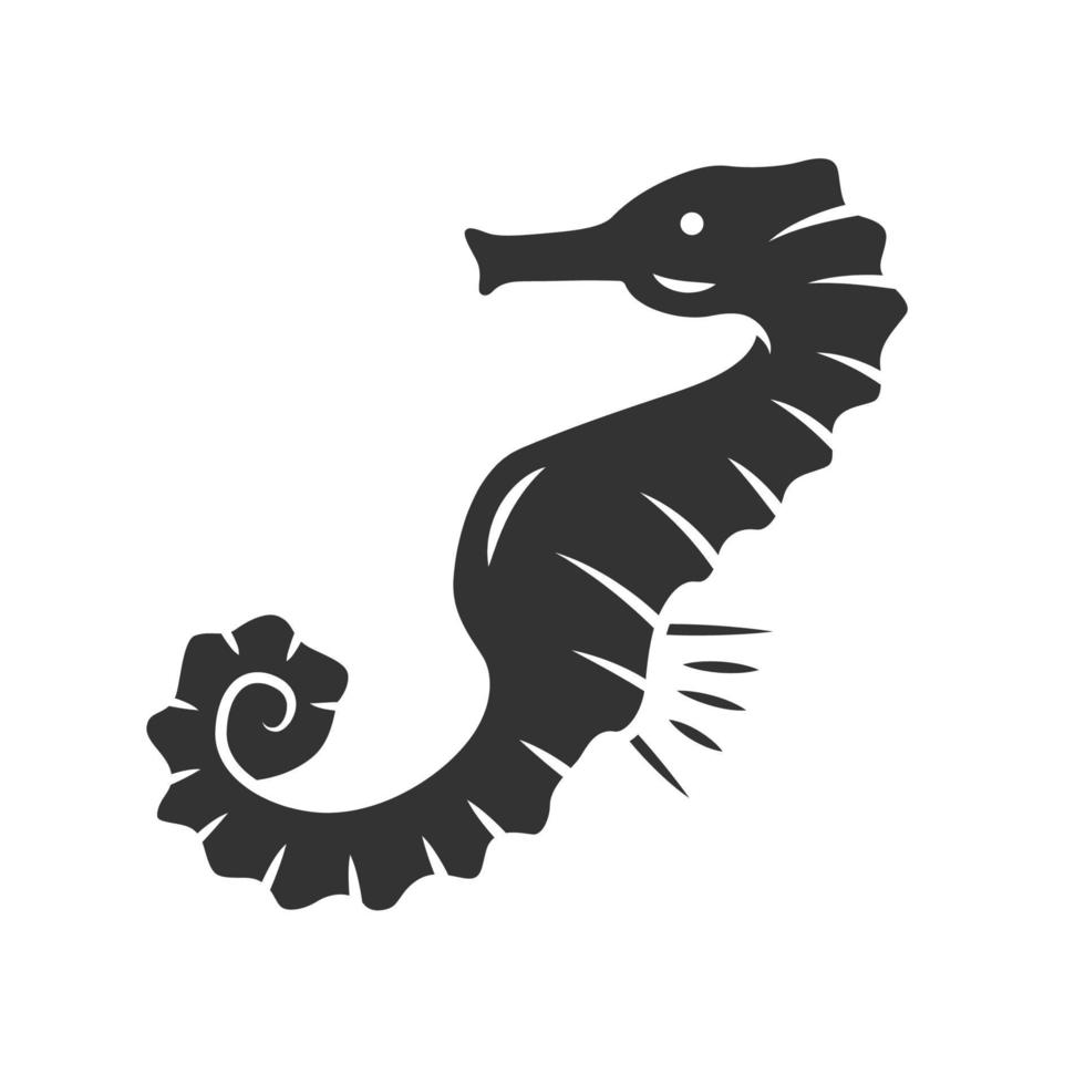 Seahorse glyph icon. Exotic marine fish. Aquatic creature with horse shape body. Aquarium animal. Underwater organism. Marine fauna. Silhouette symbol. Negative space. Vector isolated illustration