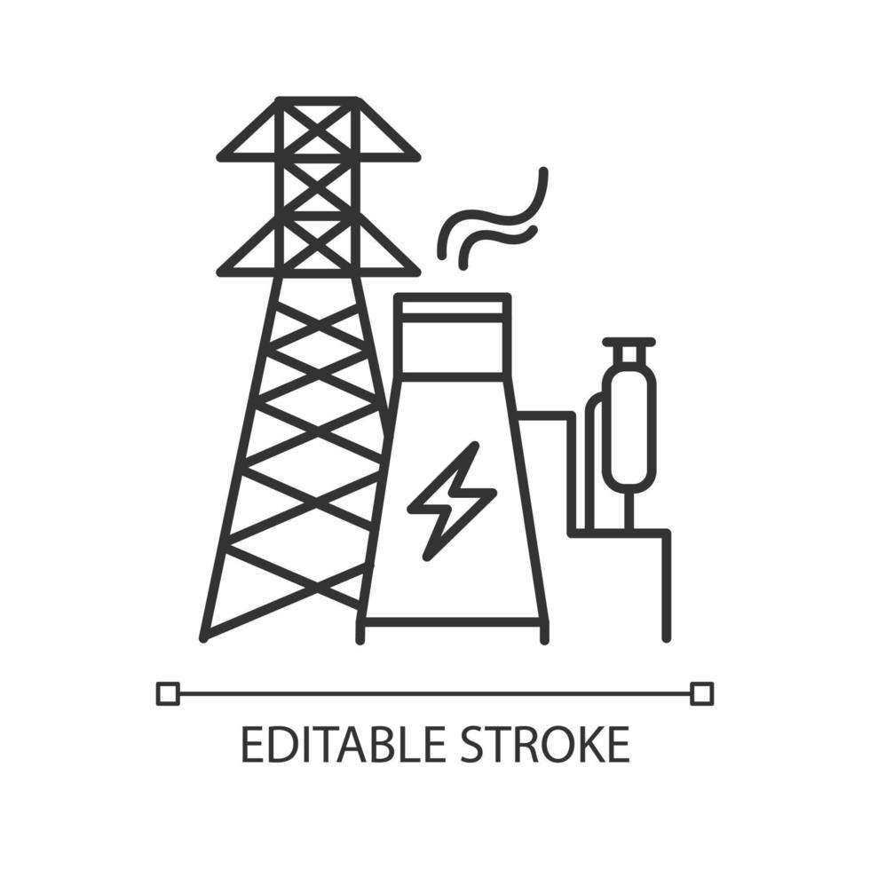 Energy industry linear icon. Power engineering. Electricity generation and transmission. Electrical sector. Thin line illustration. Contour symbol. Vector isolated outline drawing. Editable stroke