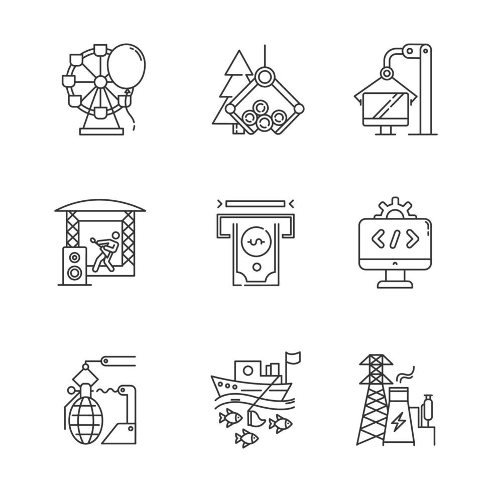 Industry types linear icons set. Entertainment, timber, computer, music, financial, software, arms sectors of economy. Thin line contour symbols. Isolated vector outline illustrations. Editable stroke