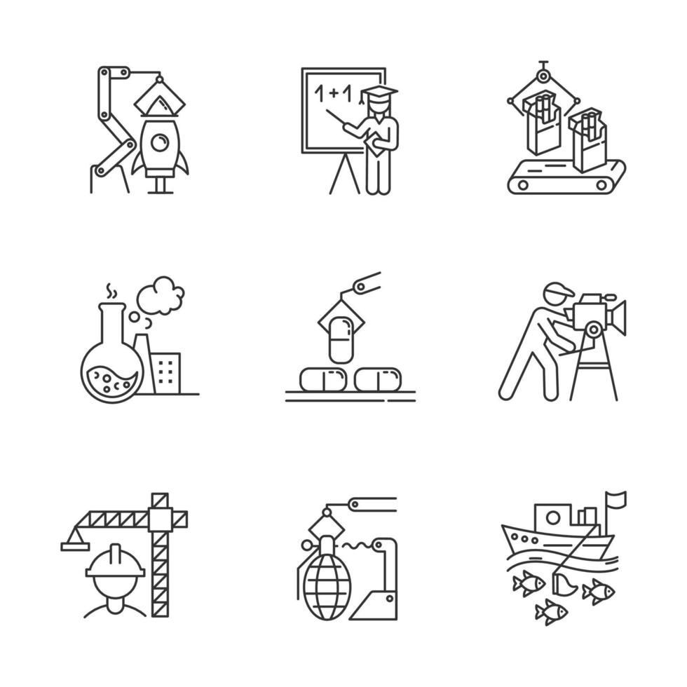 Industry types linear icons set. Aerospace, education, chemical, pharmaceutical, construction, arms, fishing sectors. Thin line contour symbols. Isolated vector outline illustrations. Editable stroke