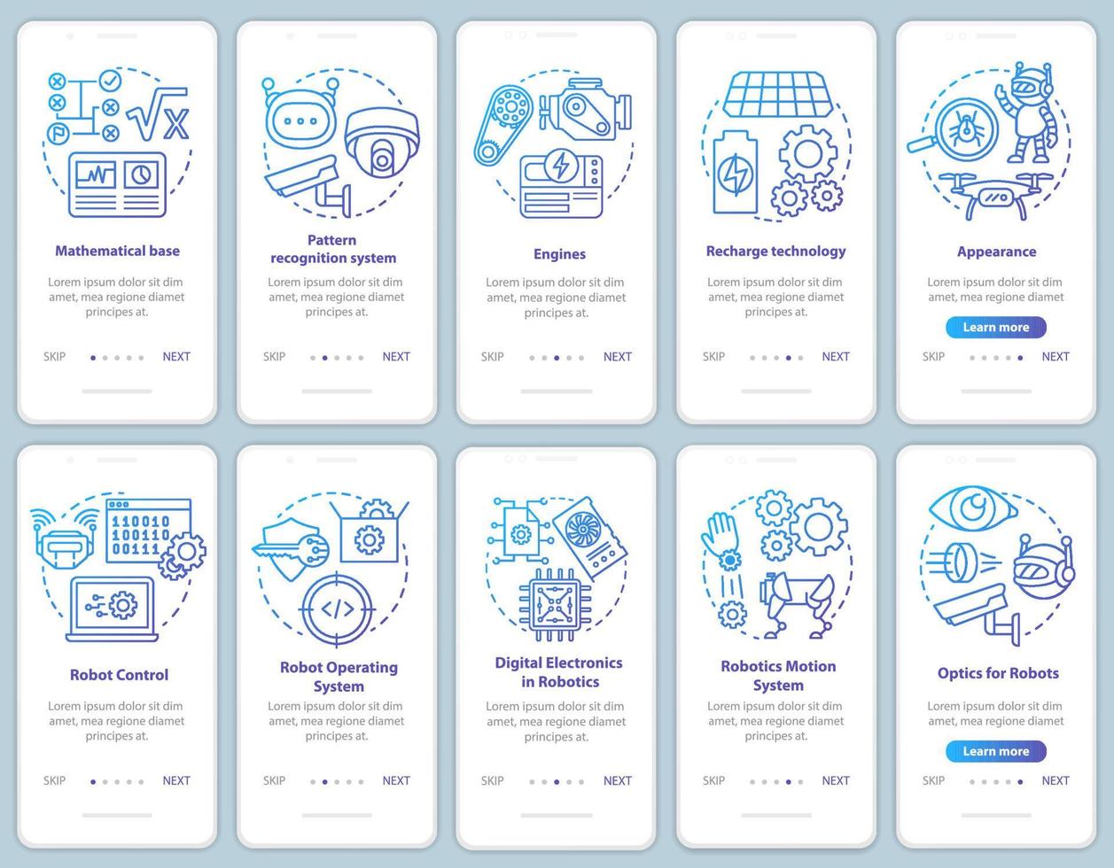 Robotics courses onboarding mobile app page screen with linear concepts set. Robots engineering sections walkthrough steps graphic instructions. UX, UI, GUI vector template with illustrations