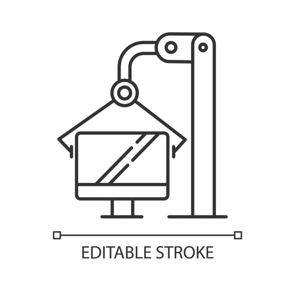 Computer industry linear icon. Information technology. Digital sector. Production process on monitor factory. Thin line illustration. Contour symbol. Vector isolated outline drawing. Editable stroke