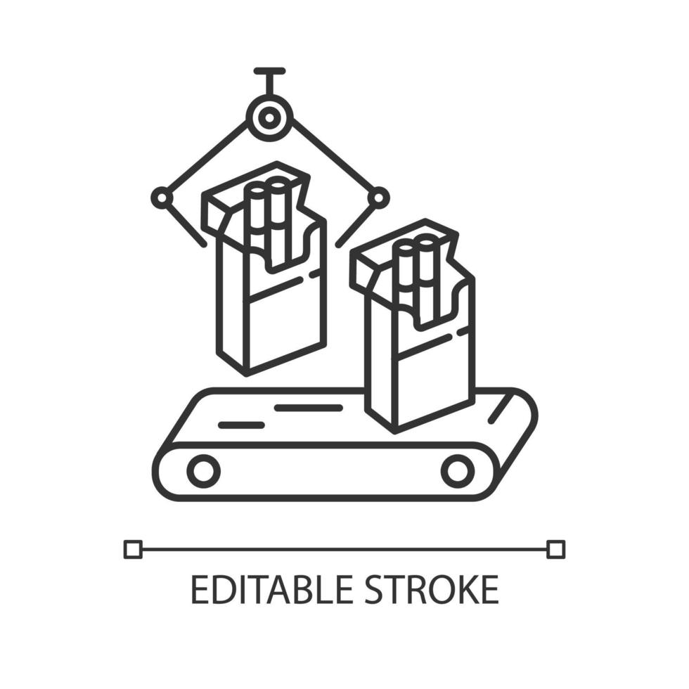 Tobacco industry linear icon. Conveyor automatic cigarette production line. Products for smokers plant. Thin line illustration. Contour symbol. Vector isolated outline drawing. Editable stroke