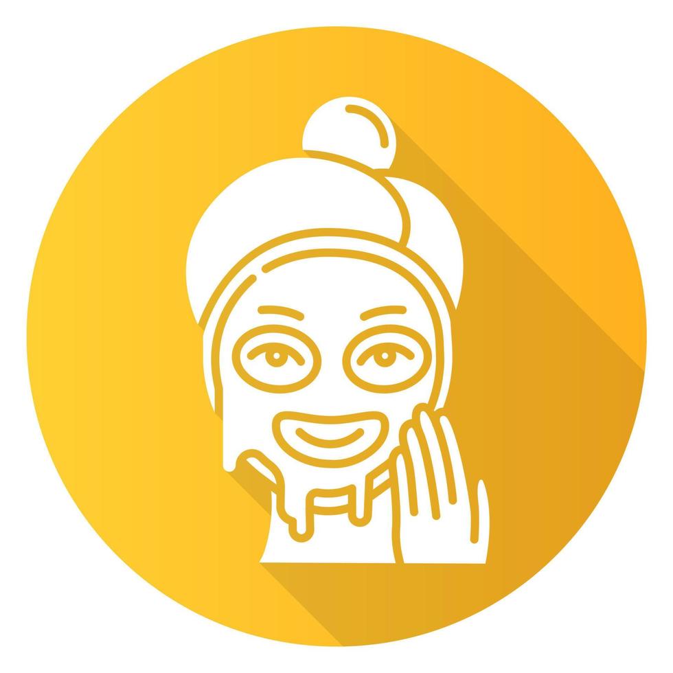 Applying liquid mask yellow flat design long shadow glyph icon. Skin care procedure. Facial beauty treatment. Face product for lifting and exfoliating effect. Makeup. Vector silhouette illustration