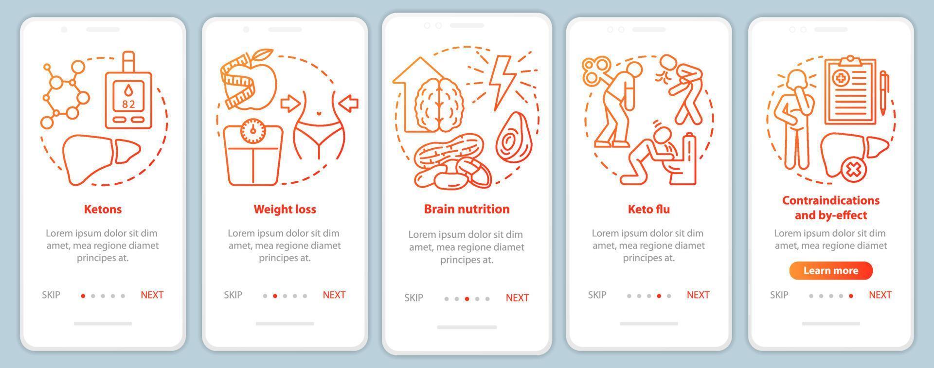 Keto diets red onboarding mobile app page screen vector template. Ketogenic eating and healthy nutrition. Walkthrough website steps with linear illustrations. UX, UI, GUI smartphone interface concept