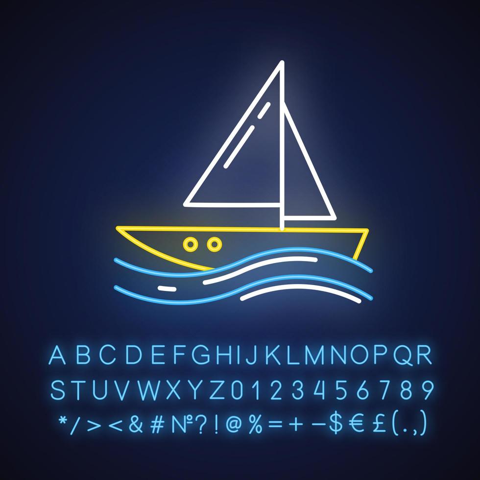 Sailing neon light icon.Watersport, extreme kind of sport. Yachting, swimming and navigation. Voyage, boat on ocean waves. Glowing sign with alphabet, numbers and symbols. Vector isolated illustration