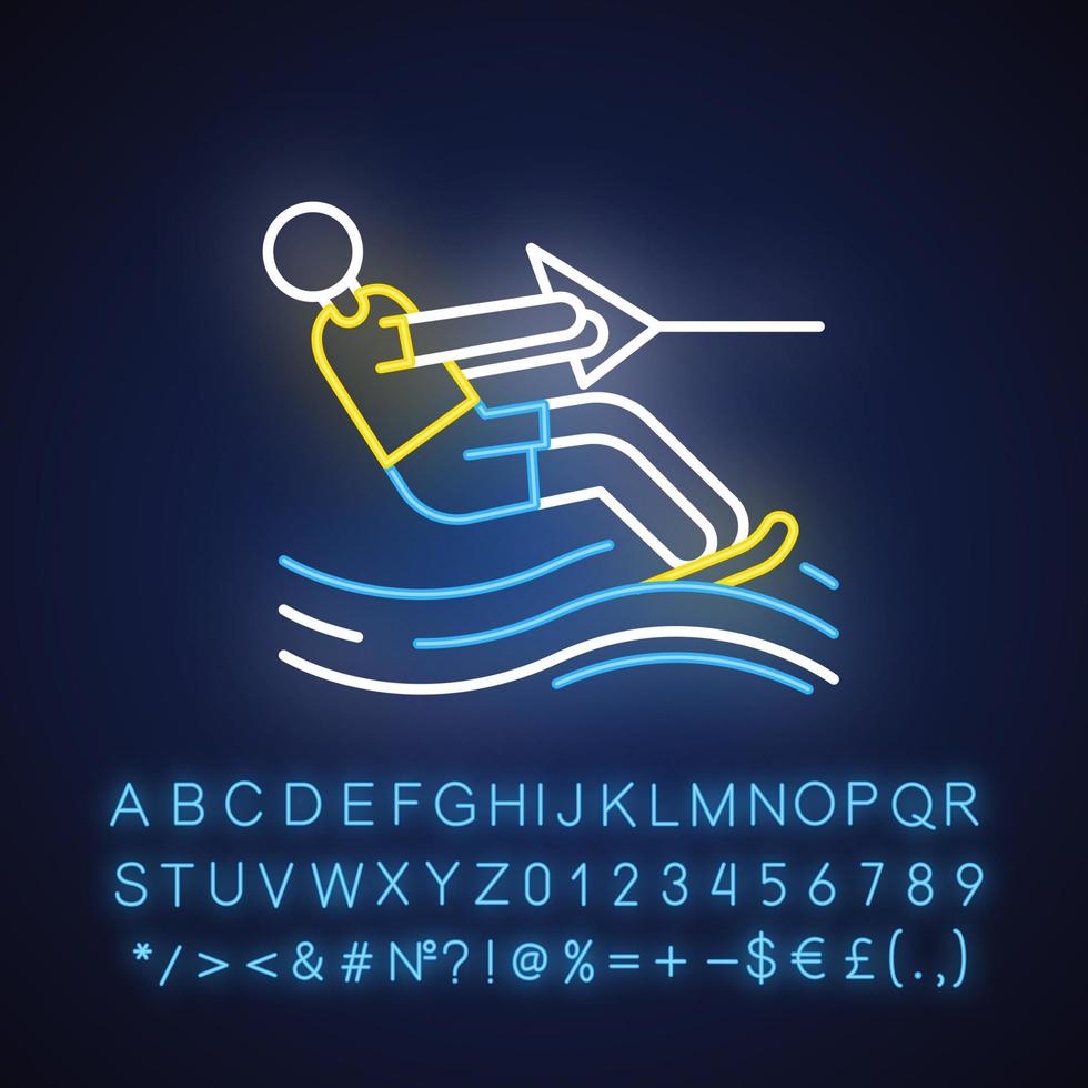 icono de luz de neón de esquí acuático. deportes acuáticos de superficie. ocio de verano y pasatiempo peligroso. hombre, wakeboard., señal luminosa, con, alfabeto, números, y, símbolos. vector ilustración aislada