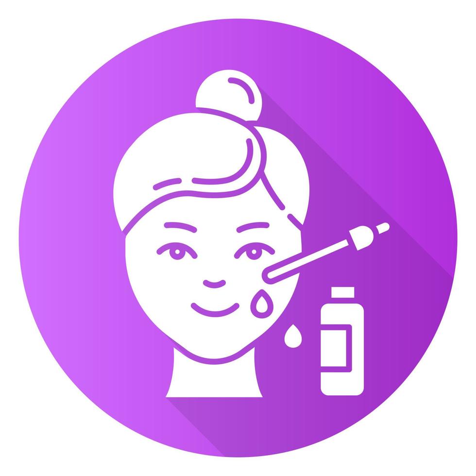 usando suero púrpura diseño plano larga sombra icono de glifo. procedimiento de cuidado de la piel. tratamiento de belleza facial. Efecto lifting y exfoliante. producto oleoso para la piel. ilustración de silueta de vector