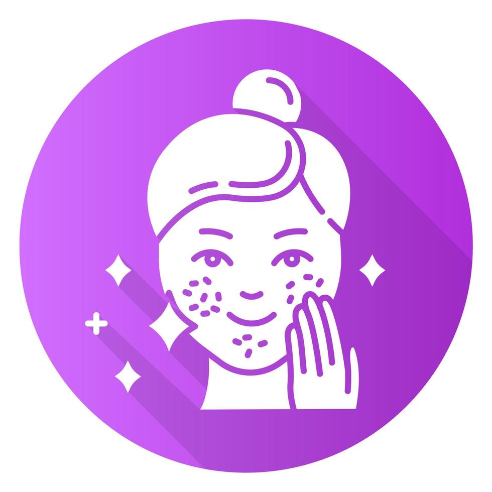 Applying liquid mask yellow flat design long shadow glyph icon. Skin care procedure. Facial beauty treatment. Face product for lifting and exfoliating effect. Makeup. Vector silhouette illustration