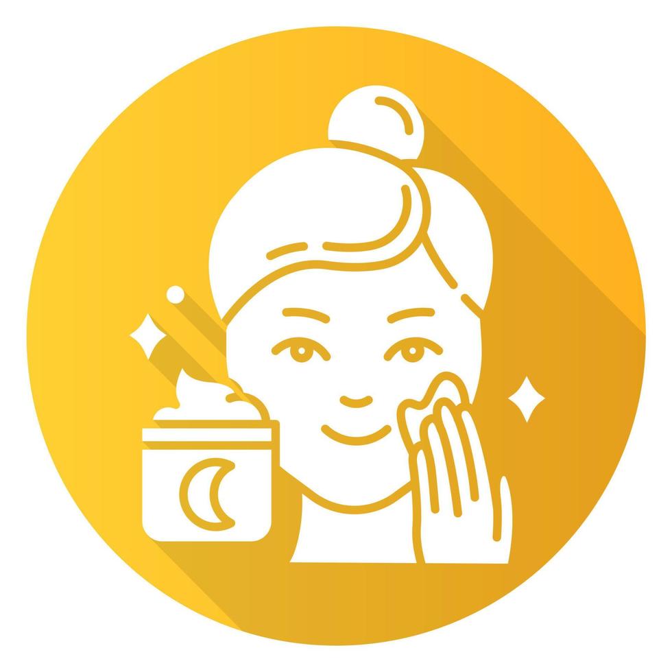 Applying night cream yellow flat design long shadow glyph icon. Skin care procedure. Facial treatment product. Sleeping cream for evening beauty routine. Vector silhouette illustration