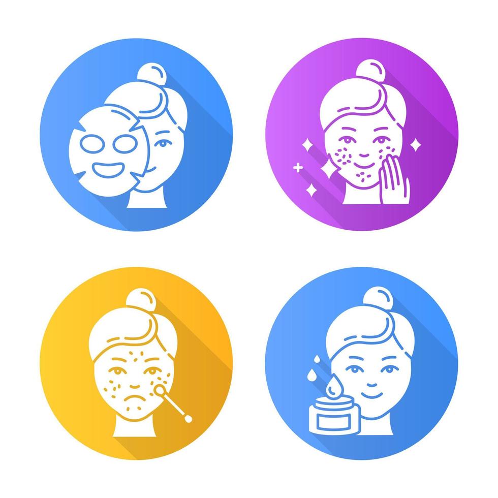 Skin care proceduresflat design long shadow glyph icons set. Spot treatment for blackheads. Problematic skin. Applying sheet mask. Using beauty water. Cosmetics, makeup. Vector silhouette illustration