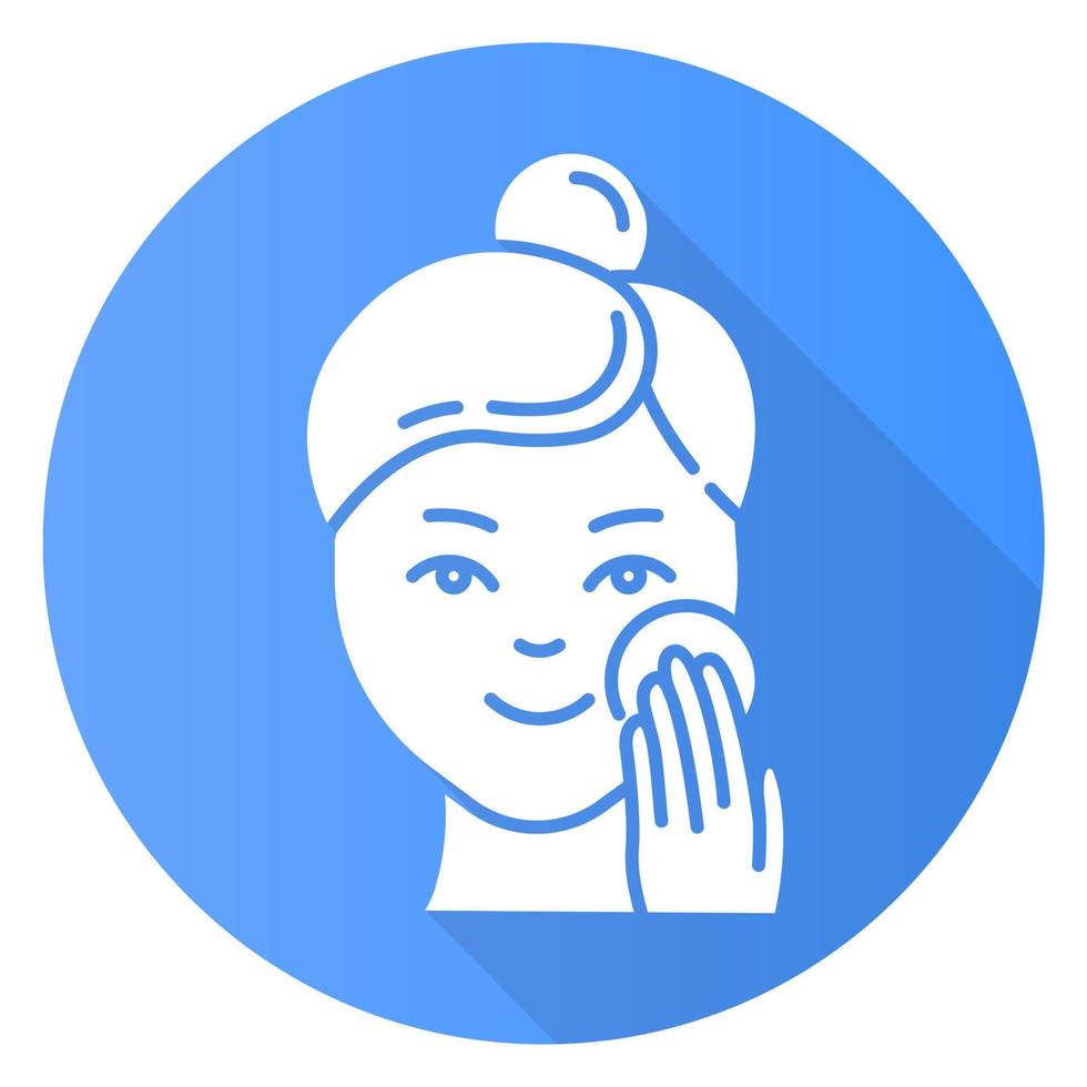 Applying moisturizer blue flat design long shadow glyph icon. Skincare procedure. Facial beauty treatment. Cleansing effect for healthy skin. Makeup removal. Vector silhouette illustration