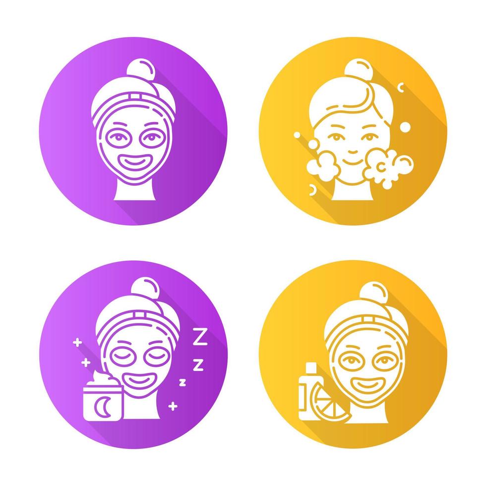 Skin care procedures flat design long shadow glyph icons set. Night time routine. Vitamin C cream for facial beauty treatment. Using cleanser water. Moisturizer. Vector silhouette illustration