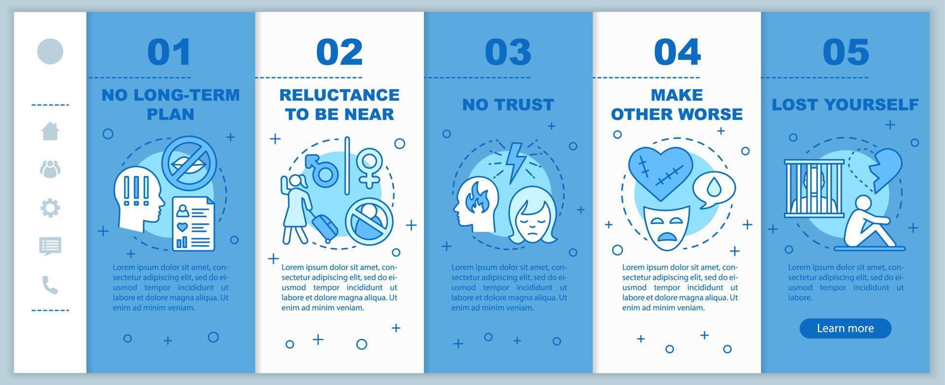 Relationships in trouble onboarding mobile web pages vector template. No trust. Responsive smartphone website interface idea with linear illustrations. Webpage walkthrough step screens. Color concept