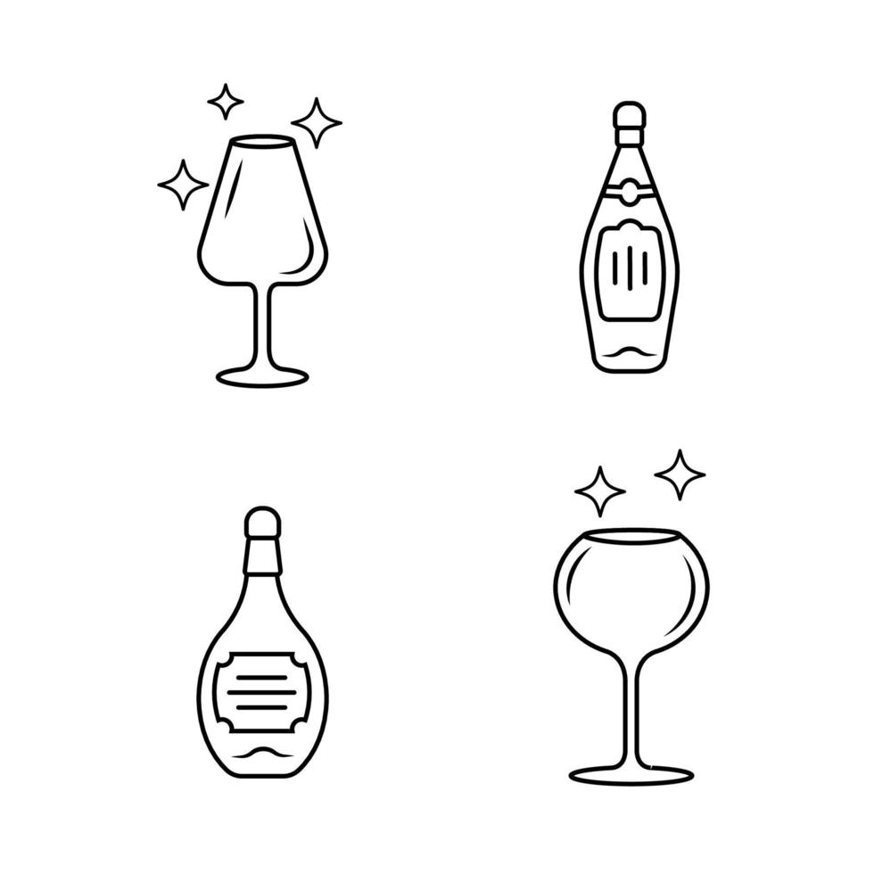 Conjunto de iconos lineales de cristalería de bebida de alcohol. elementos de servicio de vino. formas de vasos de cristal. bebidas y tipos de bebidas. símbolos de contorno de línea fina. ilustraciones de contorno de vector aislado. trazo editable