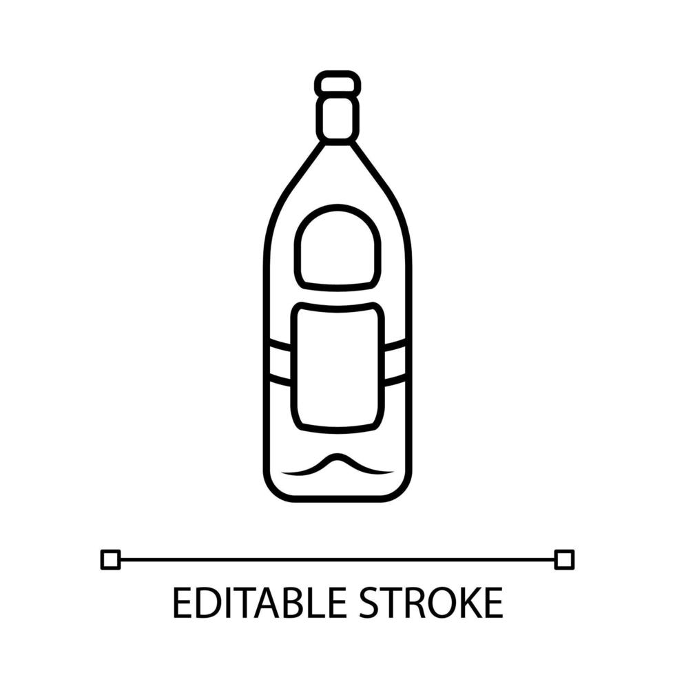 Glass bottle of wine, whiskey, rum linear icon. Local alcoholic drink, beverage. Stemware in bar. Thin line illustration. Contour symbol. Vector isolated outline drawing. Editable stroke