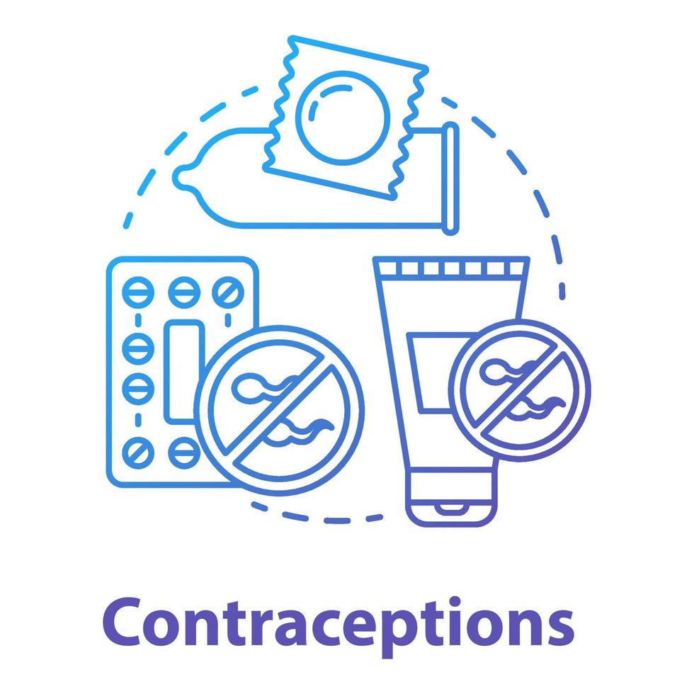 Contraceptions blue gradient concept icon. Birth control idea thin line illustration. Unwanted pregnancy prevention. Safe sex. Condom, pills, hormone therapy. Vector isolated outline drawing