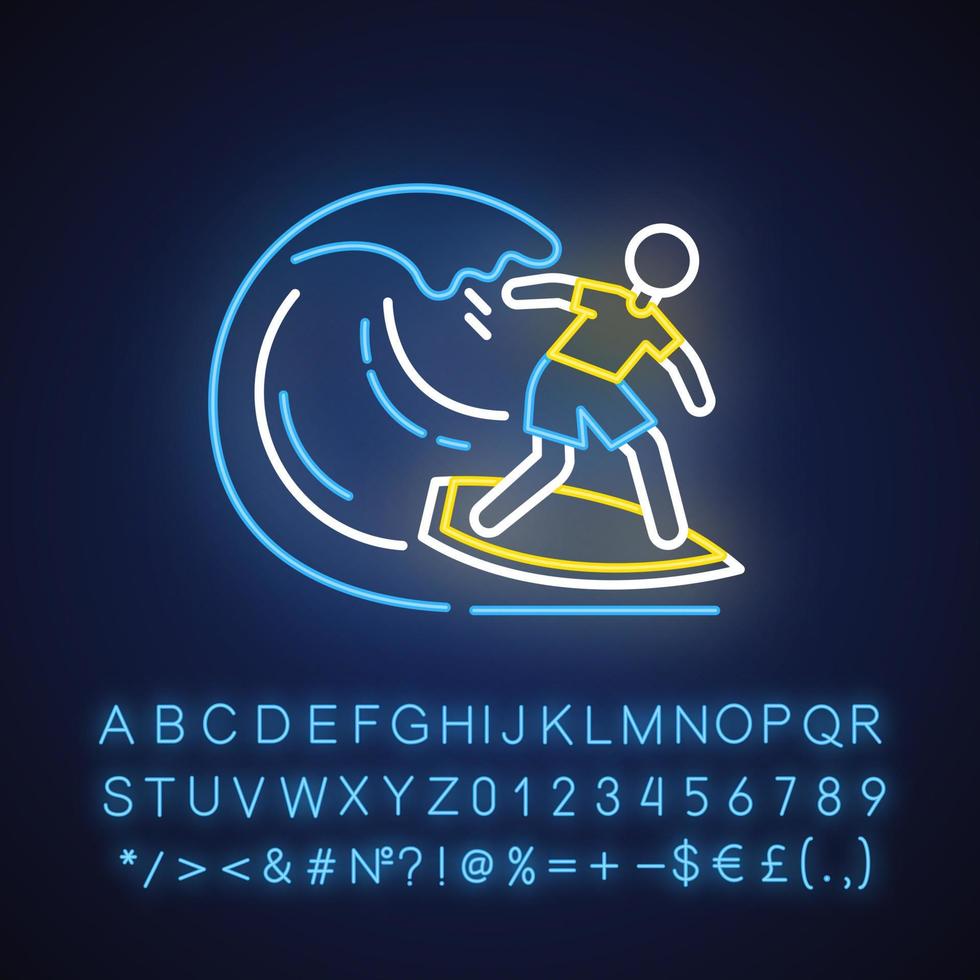 Surfing neon light icon. Watersport, extreme kind of sport. Catching ocean wave, surfer balancing on board. Glowing sign with alphabet, numbers and symbols. Vector isolated illustration