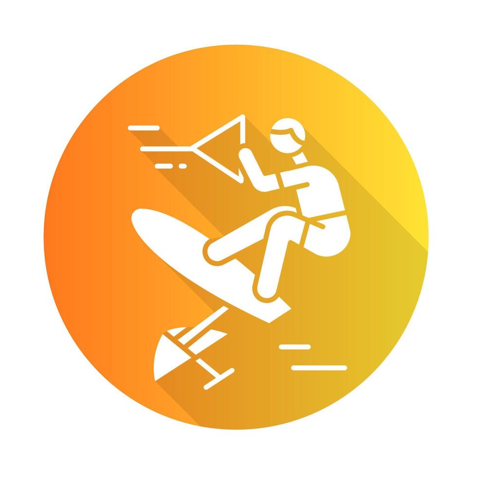 icono de glifo de larga sombra de diseño plano naranja de wakeboard. tiro de honda. ocio de deportes acuáticos extremos. jinete de pie en wakeboard. recreación de adrenalina. actividad al aire libre. ilustración de silueta de vector