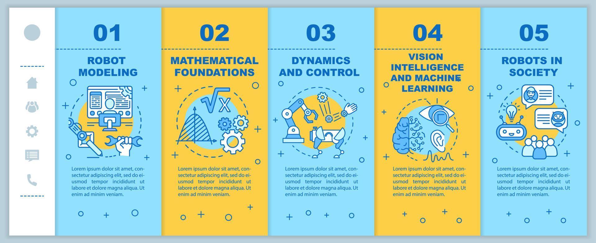 Robotics courses onboarding mobile web pages vector template. Cybernetics. Responsive smartphone website interface idea with linear illustrations. Webpage walkthrough step screens. Color concept