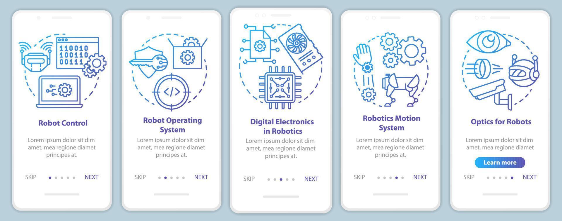 Robotics courses onboarding mobile app page screen vector template. Robots learning and development. Walkthrough website steps with linear illustrations. UX, UI, GUI smartphone interface concept