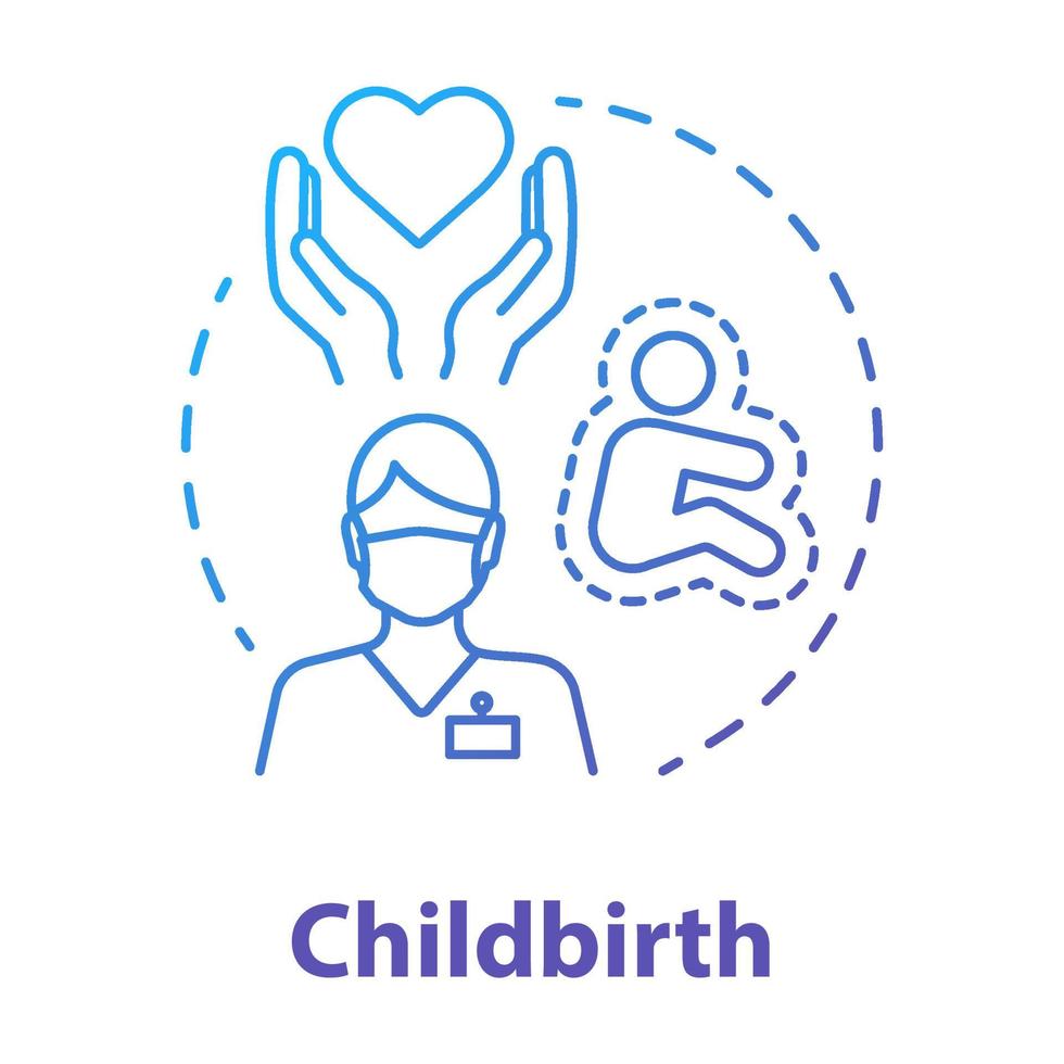 Childbirth blue gradient concept icon. Obstetrician idea thin line illustration. Pregnancy, motherhood, doctor. Birthing care, healthcare. Maternity hospital. Vector isolated outline drawing