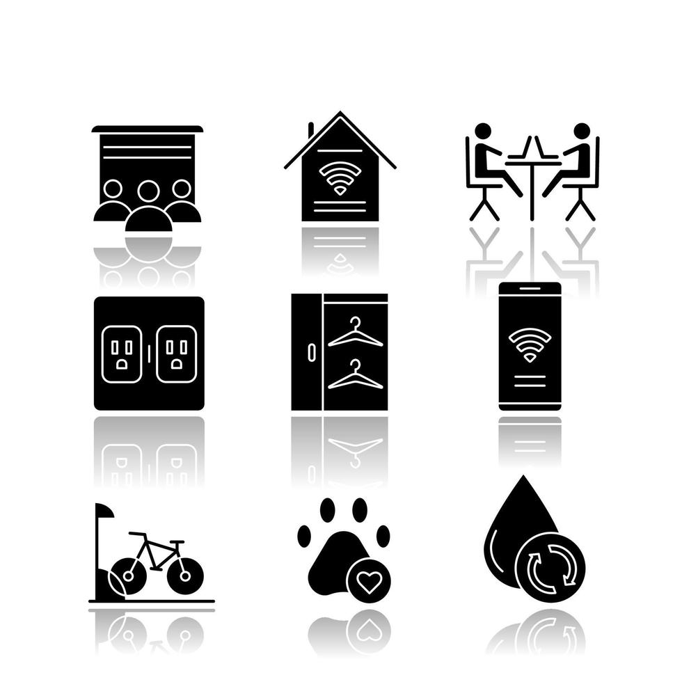 Apartment amenities drop shadow black glyph icons set. Movie theater, smart home, charging outlets, walk in closets, internet access, pets allowed, water filtration. Isolated vector illustrations