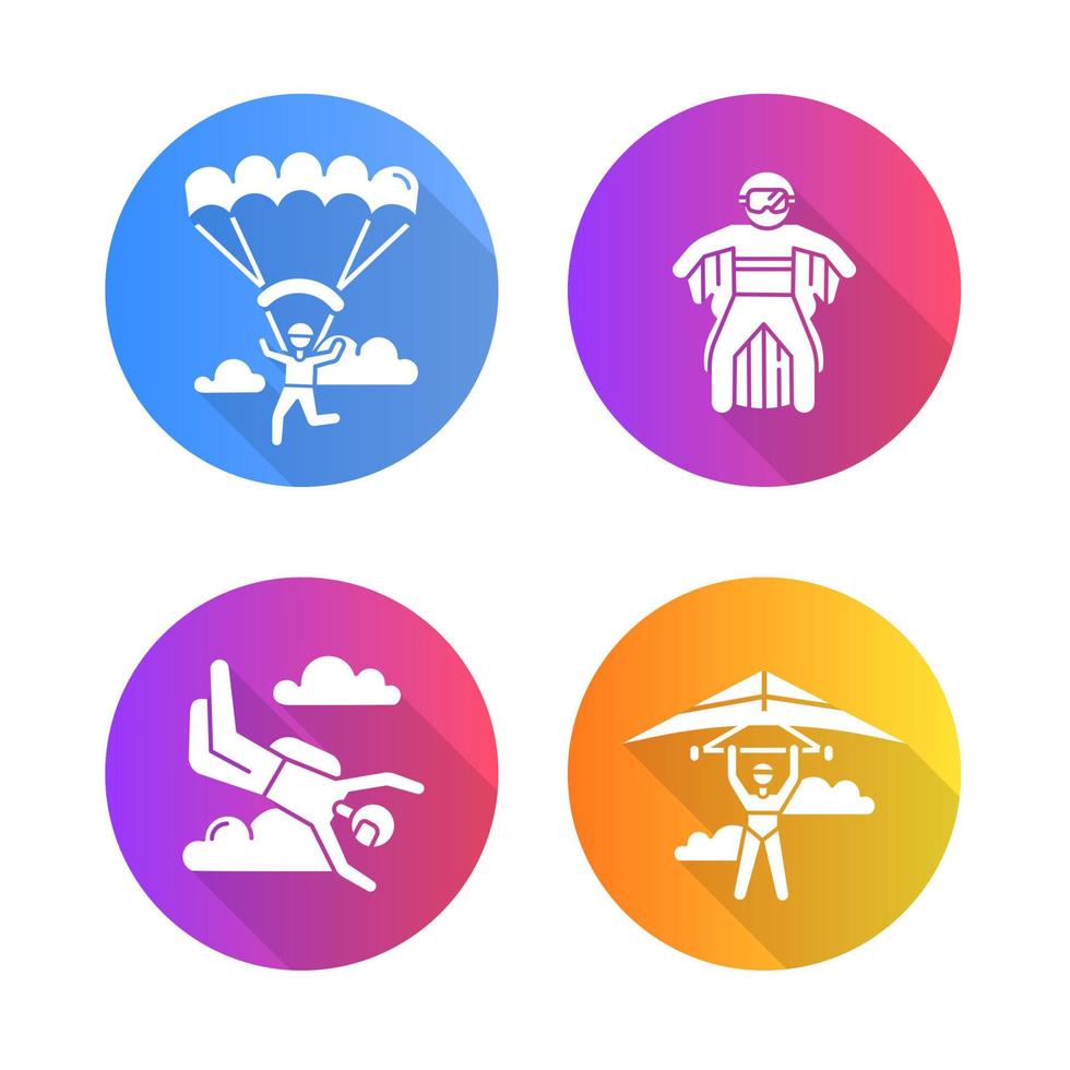 Air extreme sports flat design long shadow glyph icons set. Hang gliding, skydiving, wing suiting and paragliding. Adrenaline entertainment and risky recreation. Vector silhouette illustration