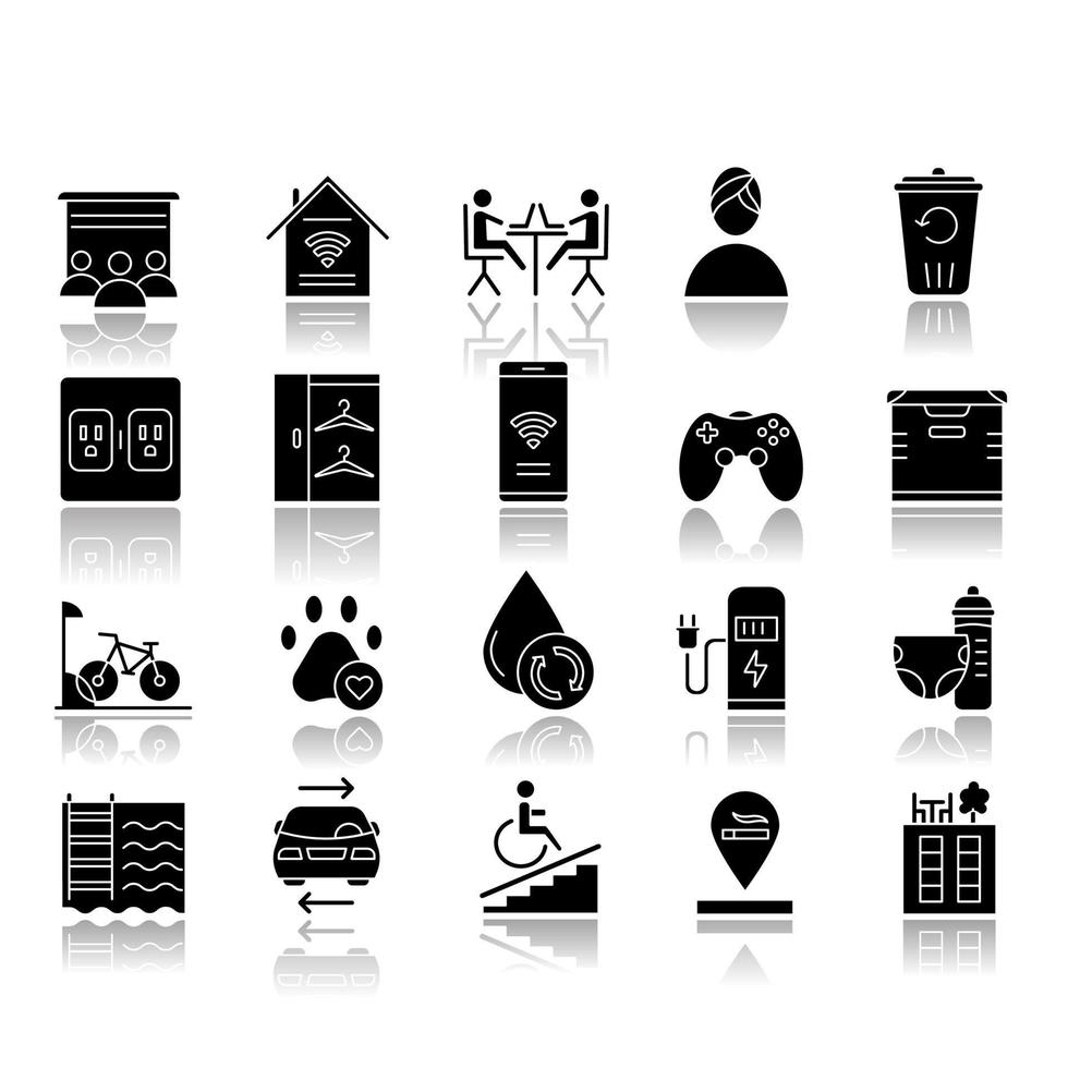 Apartment amenities drop shadow black glyph icons set. Residential services. Comfortable house signs. Luxuries for dwelling inhabitants. Property conveniences. Isolated vector illustrations