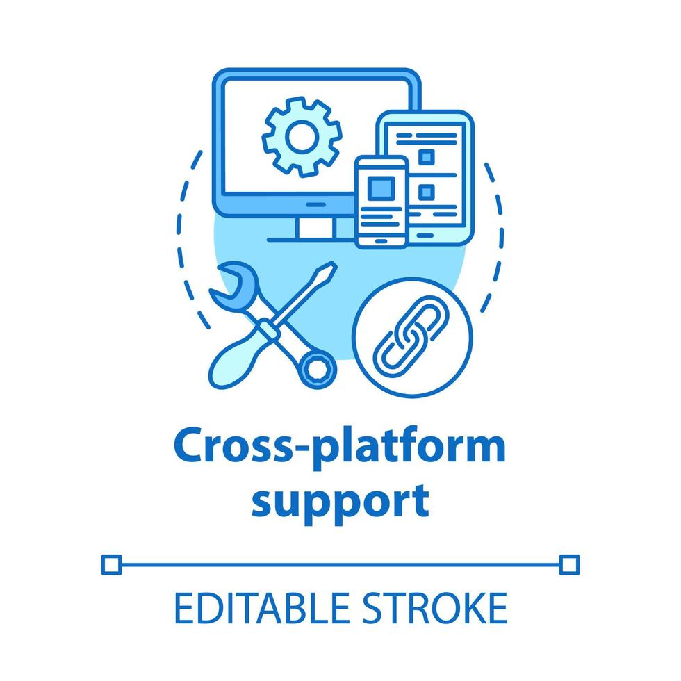 Cross-platform support concept icon. Software development idea thin line illustration. Mobile device programming. Responsive application management. Vector isolated outline drawing. Editable stroke