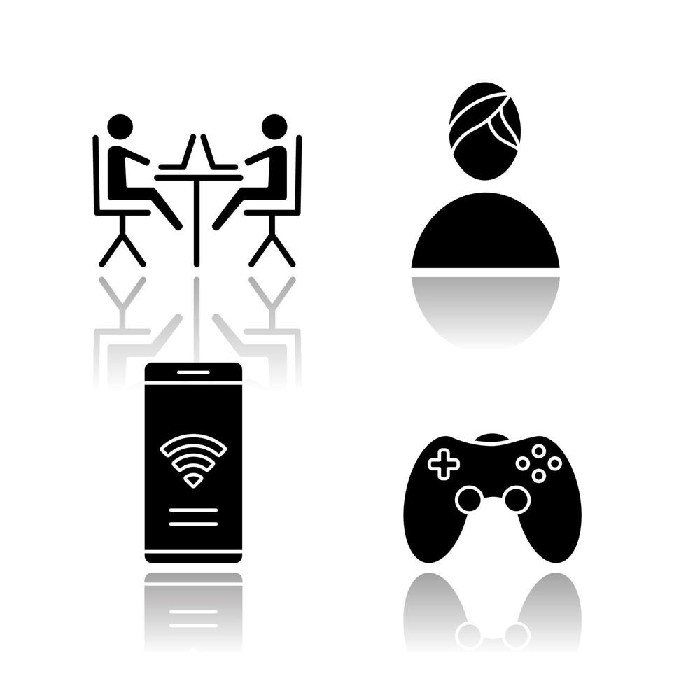 Apartment amenities drop shadow black glyph icons set. Coworking space, spa, internet access, game room. Comfortable house. Property conveniences for millennial renters Isolated vector illustrations