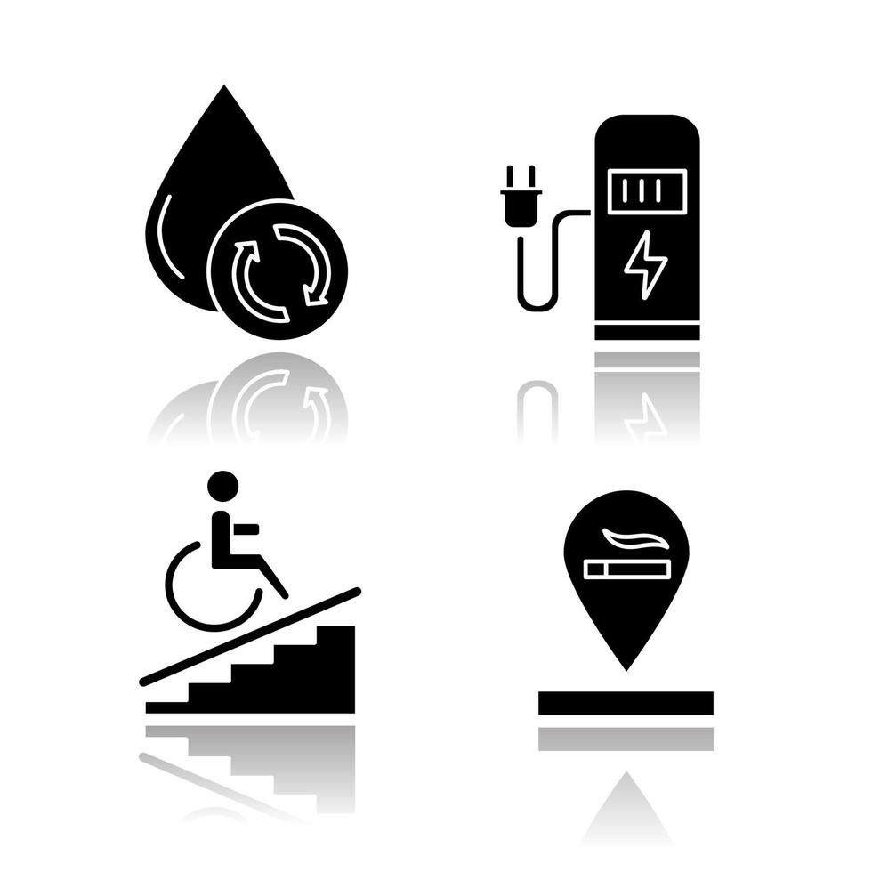 Apartment amenities drop shadow black glyph icons set. Water filtration, car charging station, wheelchair access, smoking allowed. Residential services. Isolated vector illustrations