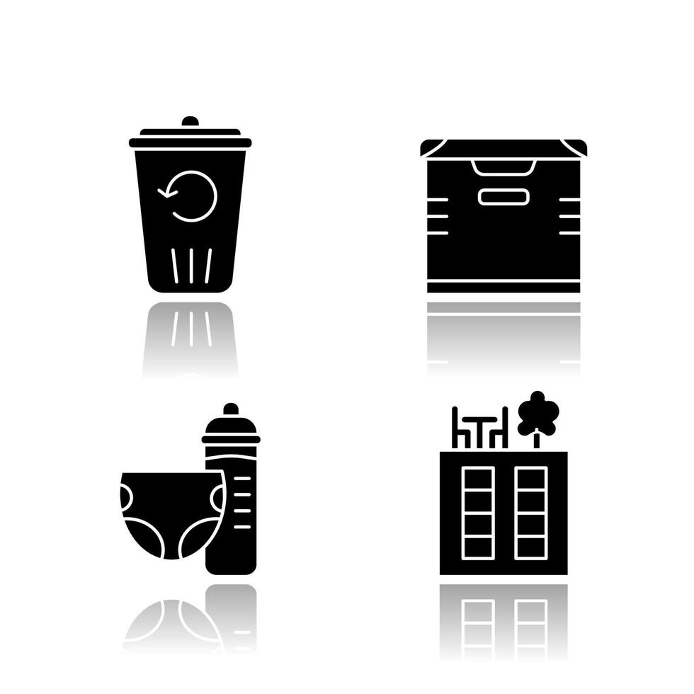 Apartment amenities drop shadow black glyph icons set. Recycling service, storage, toddler room, rooftop deck. Property conveniences for millennial renters. Isolated vector illustrations