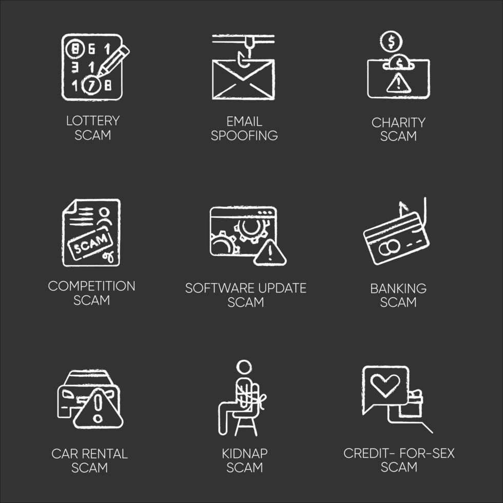 Scam types chalk icons set. Lottery, competition fraud. Charity, banking, car rental scheme. Software update. Kidnap, credit-for-sex scamming. Email spoofing. Isolated vector chalkboard illustrations