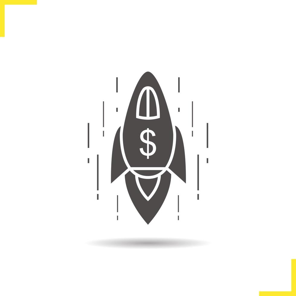 Spaceship with us dollar sign icon. Drop shadow goal achievement silhouette symbol. Business success emblem. Rocket vector isolated illustration