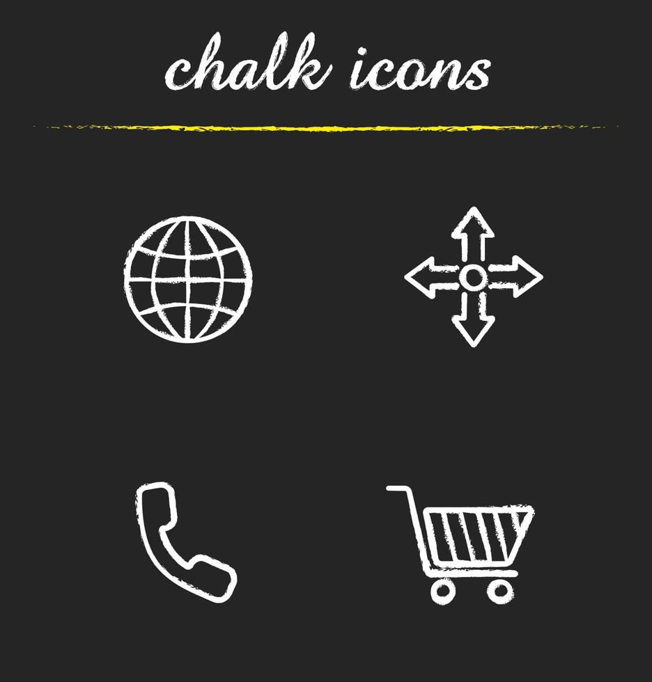 conjunto de iconos de tienda web. en todo el mundo, entrega, llame y compre ahora ilustraciones. compras por internet, aislado, vector, pizarra, dibujos vector