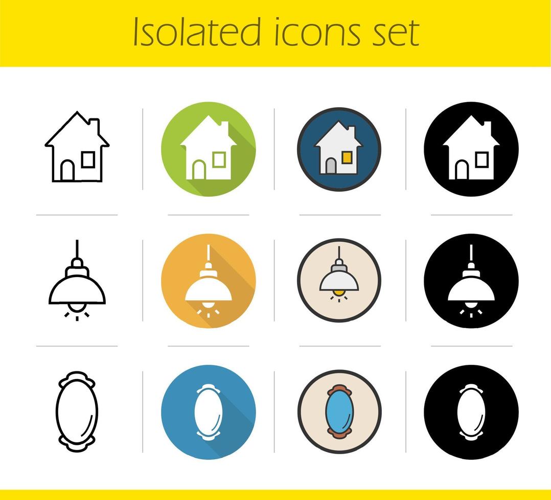 conjunto de iconos de artículos para el hogar. diseño plano, estilos lineales, negros y de color. casa, plafón y espejo de pared enmarcado. ilustraciones vectoriales aisladas vector