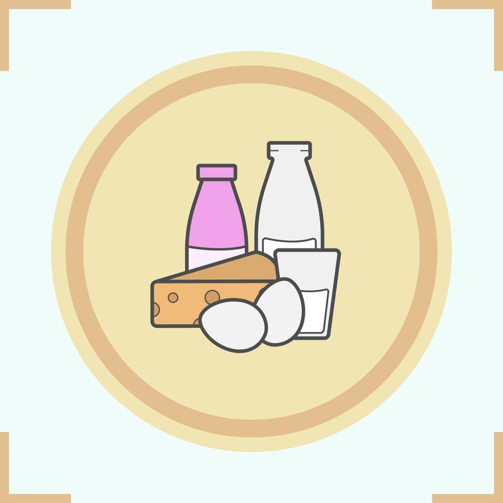 icono de color de productos lácteos. yogur, botella y vaso de leche, huevos y queso. artículos de la tienda de comestibles vector ilustración aislada