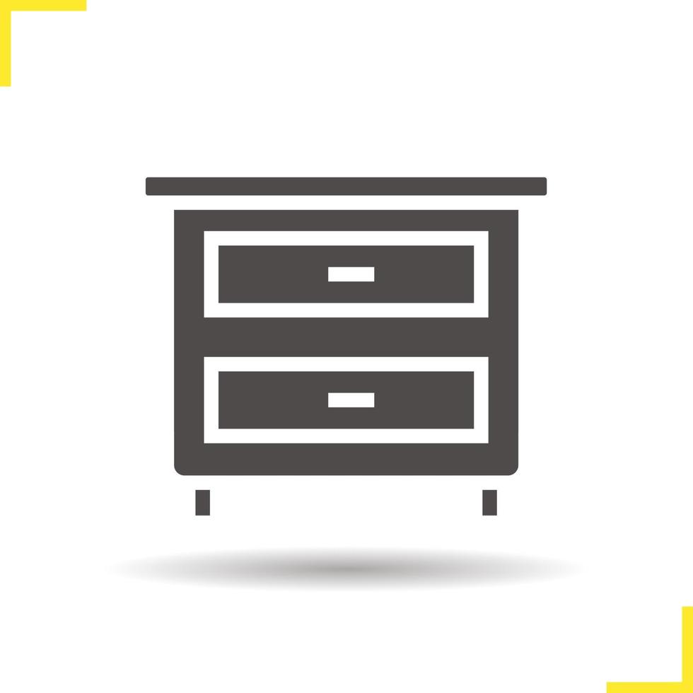 Nightstand icon. Drop shadow silhouette symbol. Bedside table with drawers. Vector isolated illustration