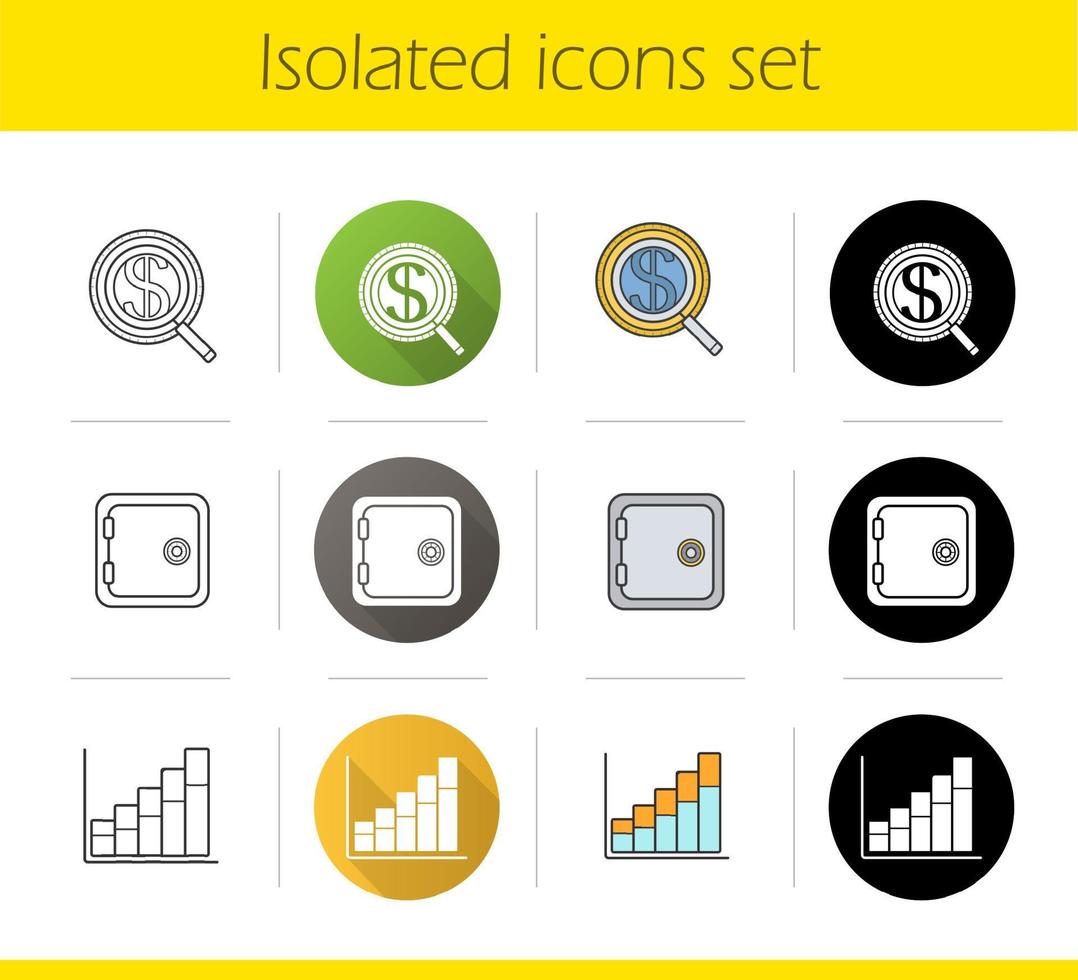 Banking and finance icons set. Flat design, linear, black and color styles. Investments search, safe deposit box, income growth chart. Isolated vector illustrations