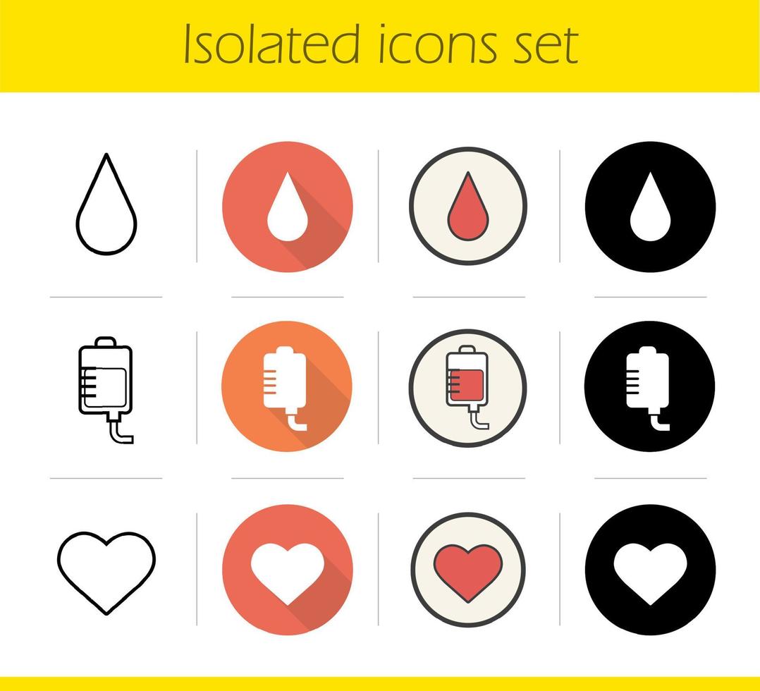 Blood donation icons set. Flat design, linear, black and color styles. Blood drop and bag, heart symbol. Blood transfusion isolated vector illustrations