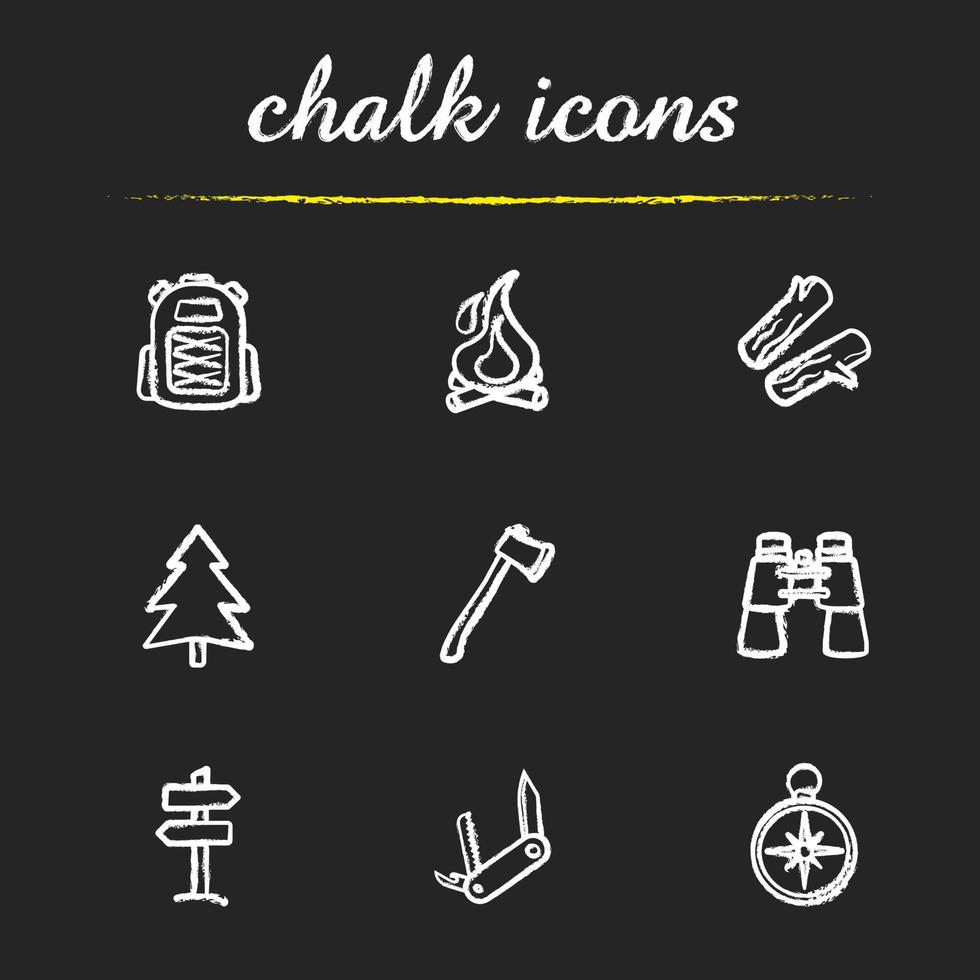 conjunto de iconos de camping. mochila, fogata, leña, abeto, hacha, binoculares, dirección de camino de madera, navaja, ilustraciones de brújula. viajando dibujos vectoriales aislados en pizarra vector