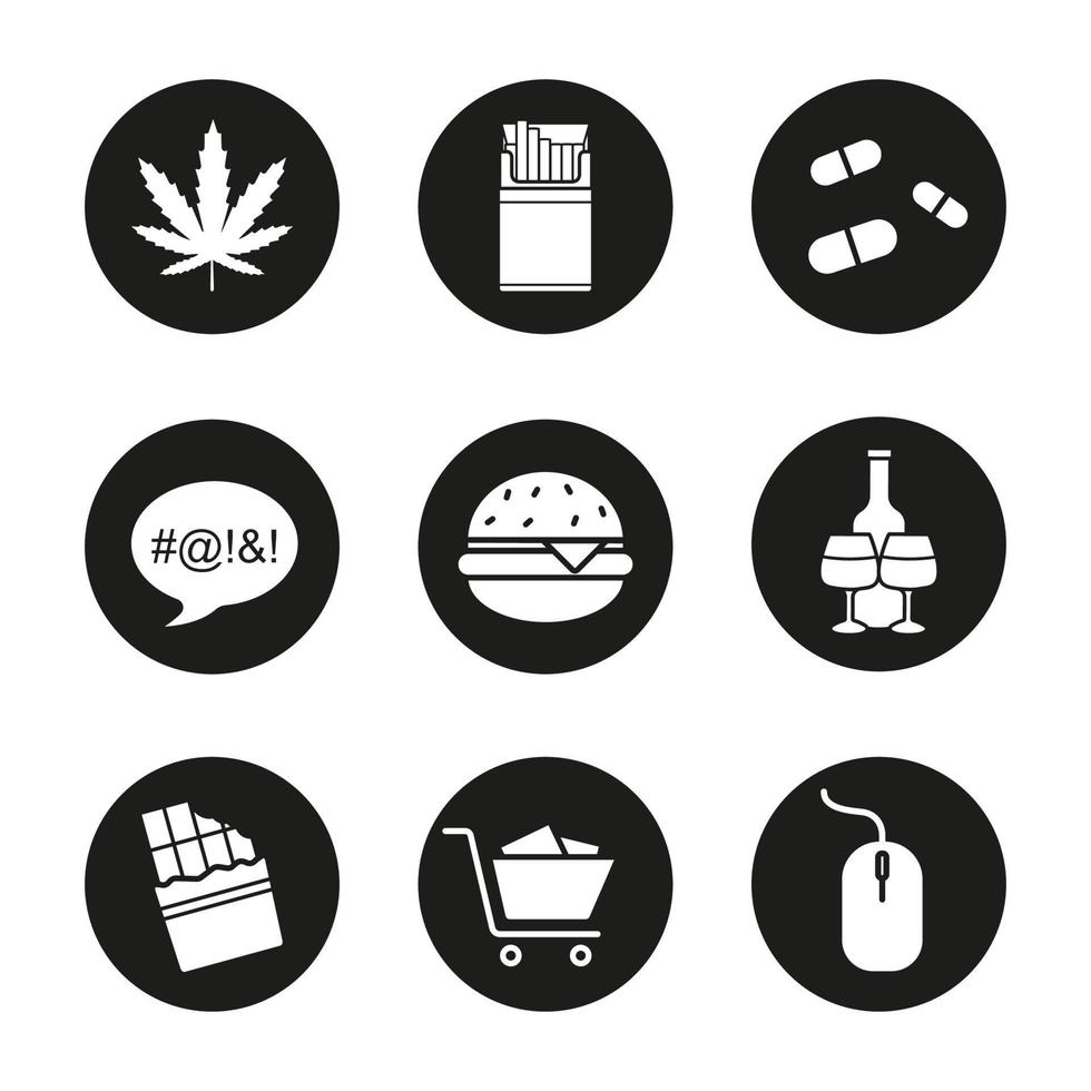 Conjunto de iconos de adicciones. fumar, drogas, comida, palabrotas, compras, computadoras, alcoholismo. marihuana, cigarrillos, pastillas, hamburguesa, chocolate, mouse de computadora. vector ilustraciones blancas en círculos negros