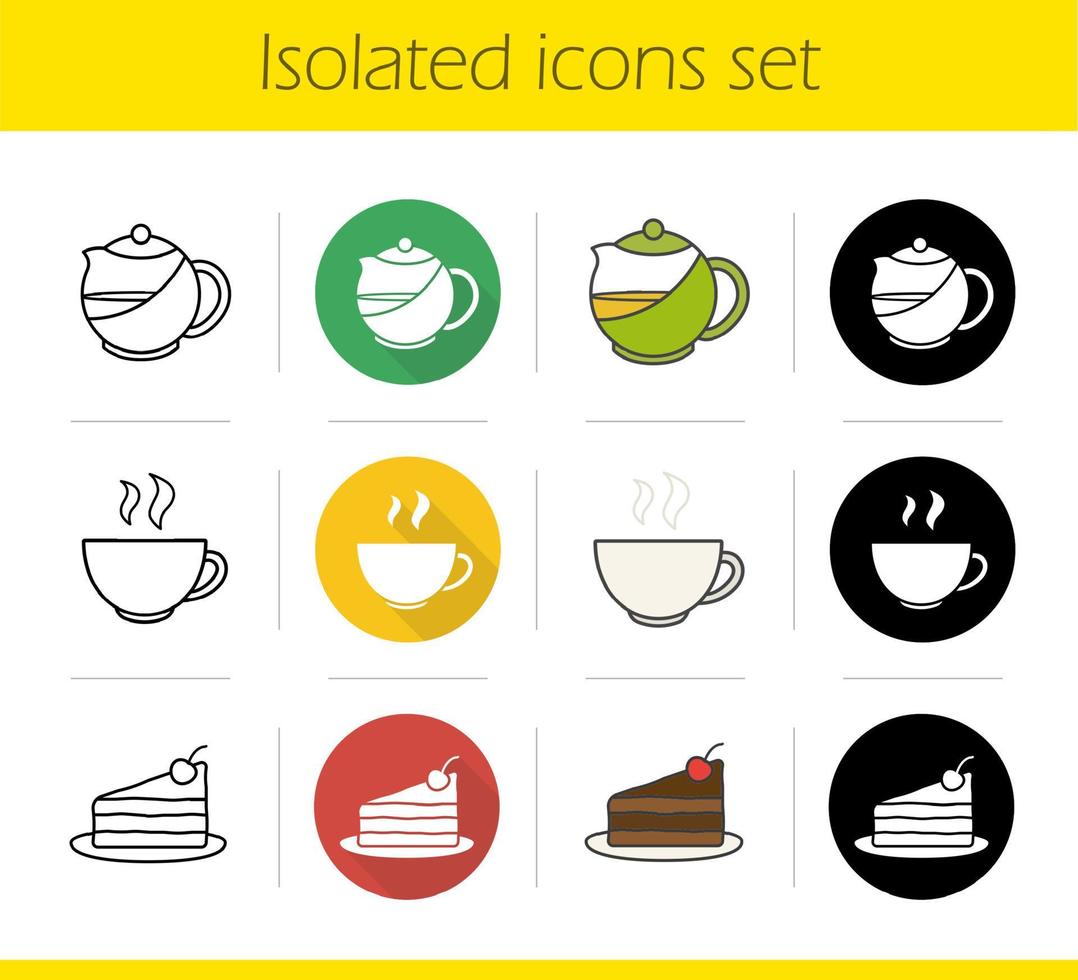 conjunto de iconos de té. diseño plano, estilos lineales, negros y de color. pedazo de pastel de chocolate en un plato, tetera y taza humeante ilustraciones vectoriales aisladas vector