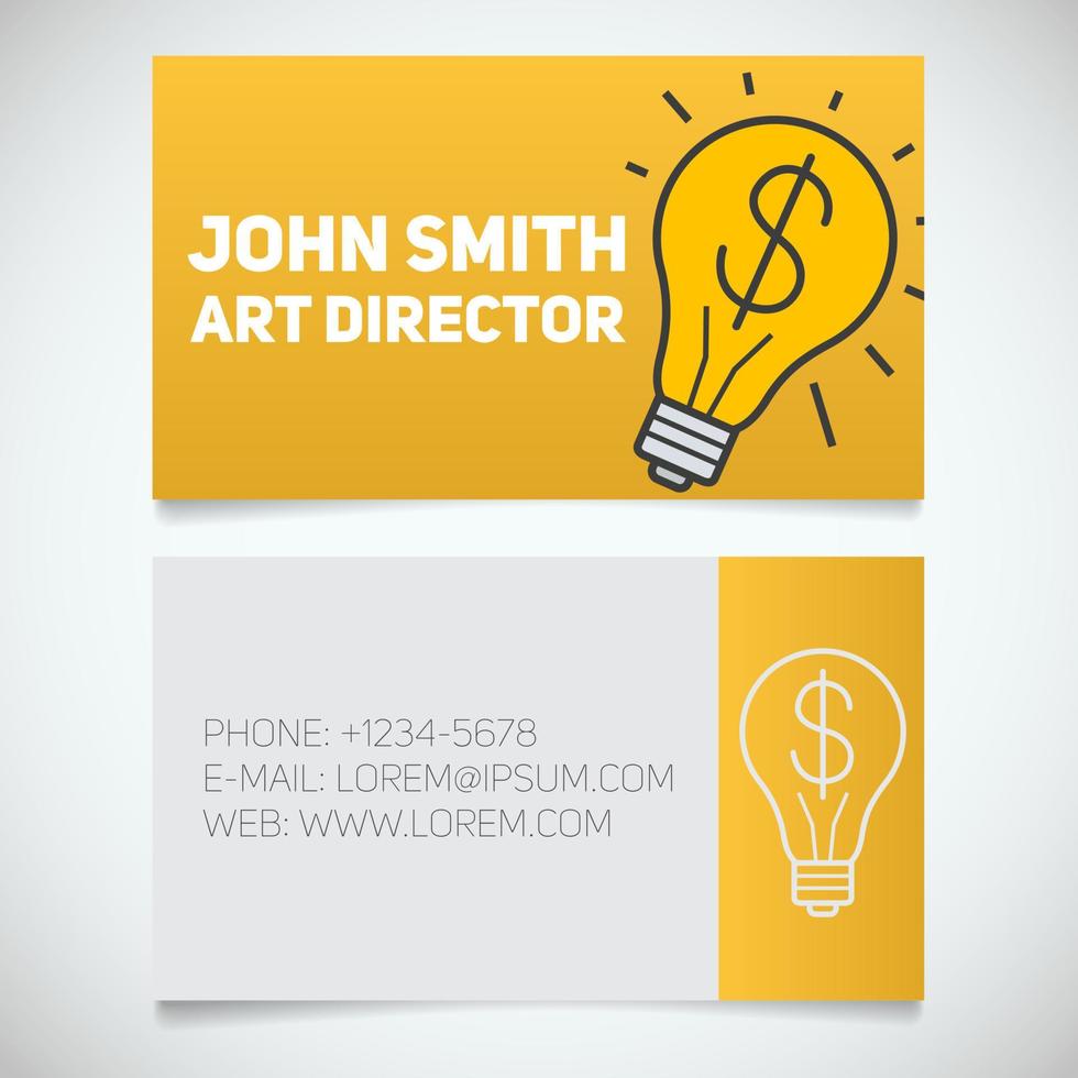 Business card print template with startup logo. Creative director. Electric bulb. Stationery design concept. Vector illustration