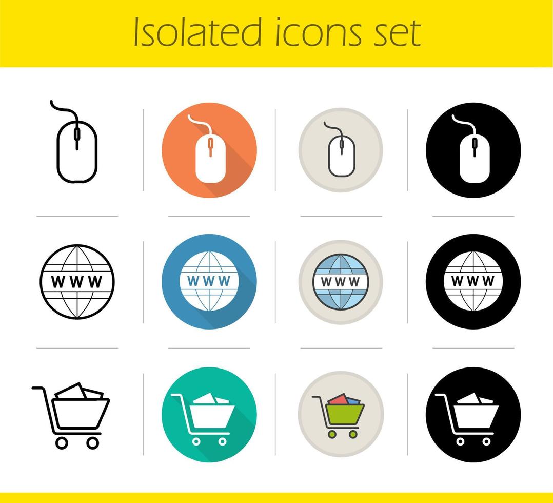 Online shopping icons set. Flat design, linear, black and color styles. Computer mouse, worldwide symbol, shopping cart. E-commerce isolated vector illustrations