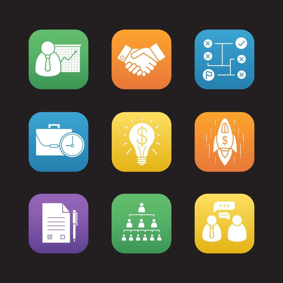 Business flat design icons set. Presentation with graph, text document with pen, handshake, company hierarchy, problem solving, goal achievement symbols. Web application interface. Vector