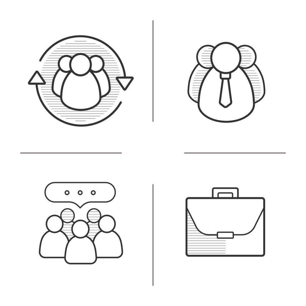 conceptos de negocio conjunto de iconos lineales. empleados de la empresa, liderazgo, comunicación en equipo y símbolos de maletín. linea fina. ilustraciones vectoriales aisladas vector