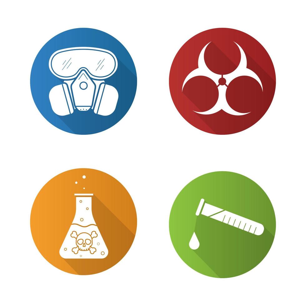 Chemical industry flat design long shadow icons set. Gas mask, danger liquid, chemical test and biohazard symbols. Vector symbols