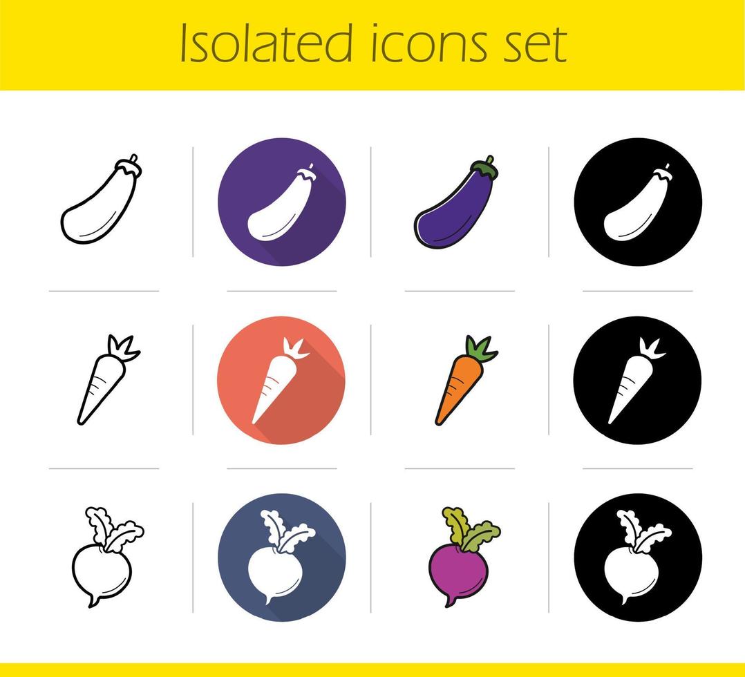 Vegetables icons set. Flat design, linear, black and color styles. Eggplant, beet and carrot. Aubergine and turnip isolated vector illustrations